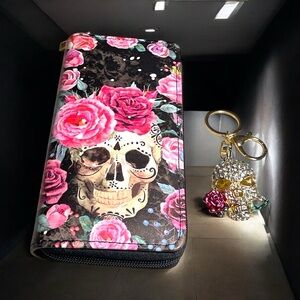 Floral Skull Wallet with Keychain Bundle
